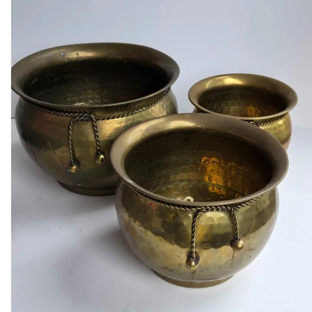 Vintage set of 3 Nesting brass planter with  rope tie tassel detail